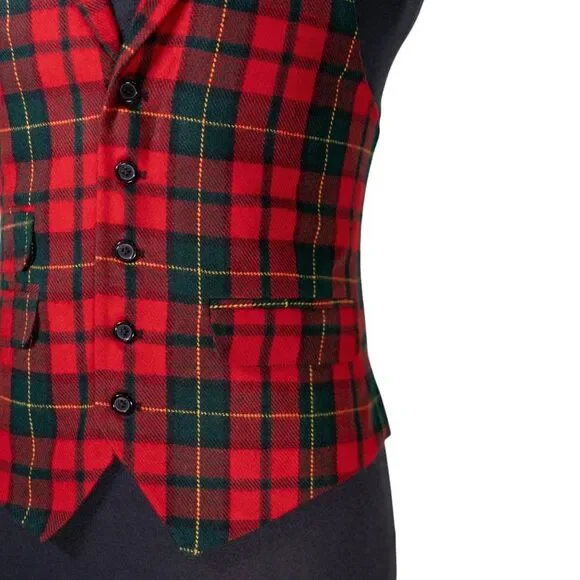 Mens Vest 40R Tartan Plaid Red Green Wool Waistcoat Formal Wedding Christmas